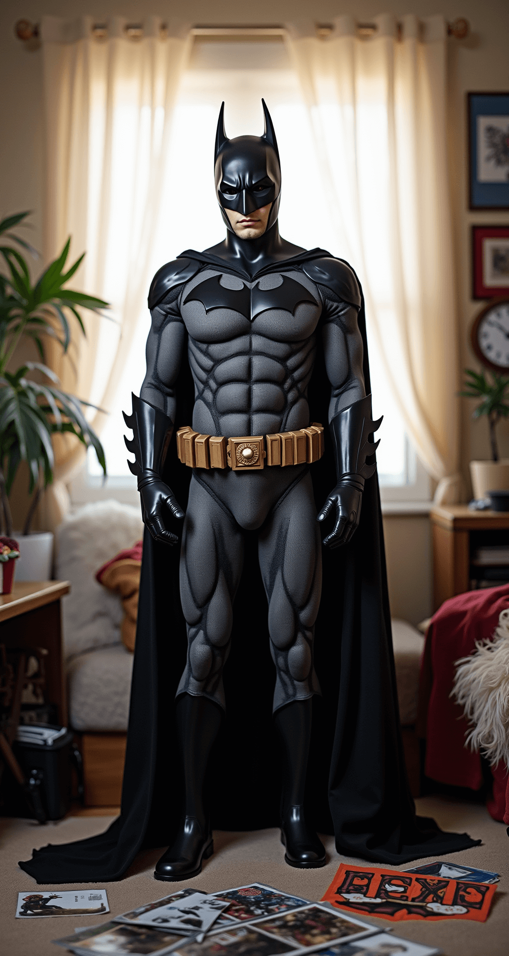 A cozy bedroom in the early morning light features an elaborate Batman costume on a premium mannequin, showcasing intricate details on the utility belt and cape texture. The surrounding area displays an organized chaos of costume crafting tools, reference photos, and fabric samples, captured from a low angle to highlight the grandeur of the costume.
