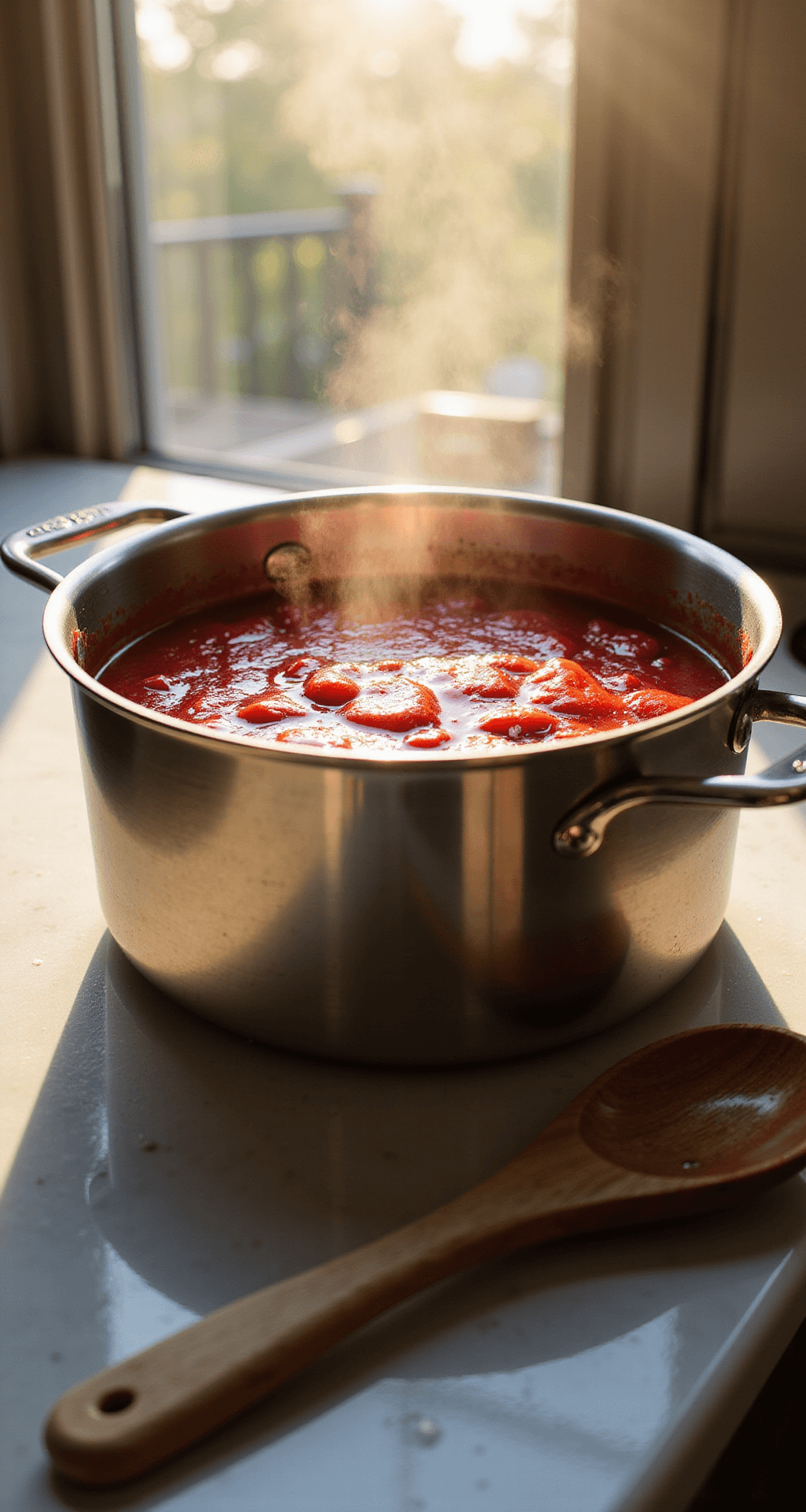 Close-up of vibrant red strawberry puree simmering in a stainless steel saucepan, with steam rising and warm afternoon light illuminating the glossy texture on a marble countertop.