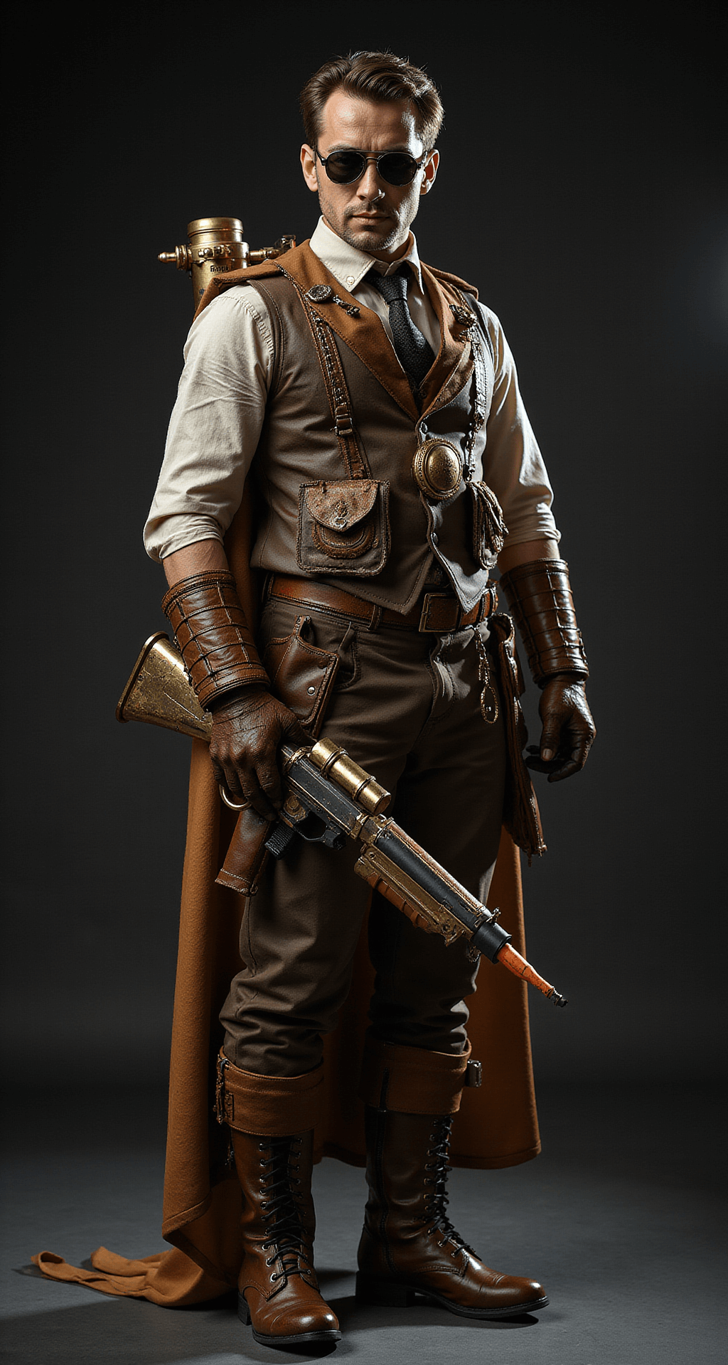 A steampunk-inspired superhero costume displayed in a professional studio, featuring dramatic lighting that highlights brass gadgets, leather accessories, and custom-modified Nerf weapons against a dark background. The Victorian-era elements are intricately blended with modern superhero components, showcasing multiple layers of detailed craftsmanship and weathered textures.