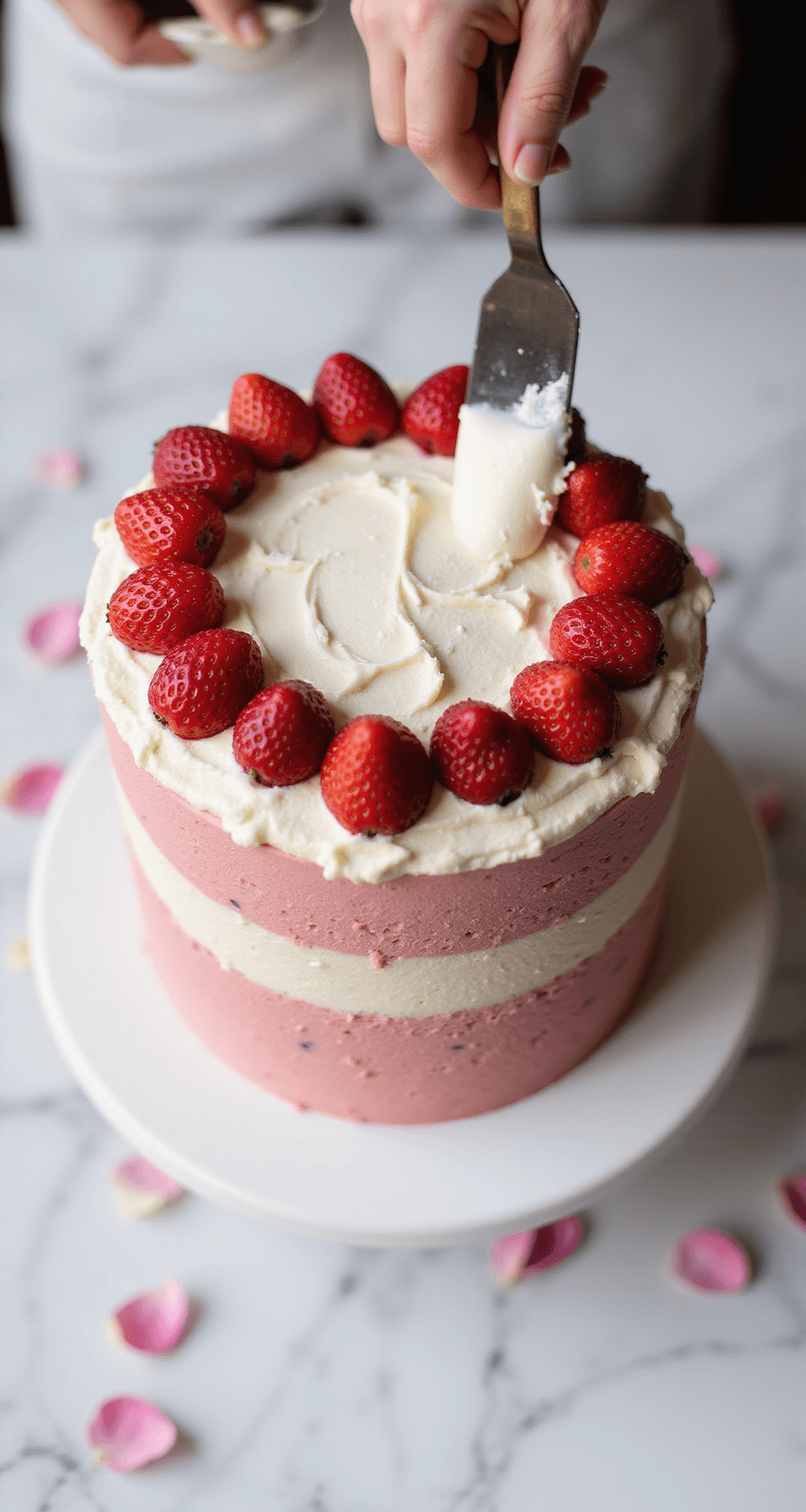 Professional overhead shot of a three-layer pink strawberry cake being assembled with cream cheese frosting and fresh strawberries arranged on top, set on white marble with scattered rose petals.