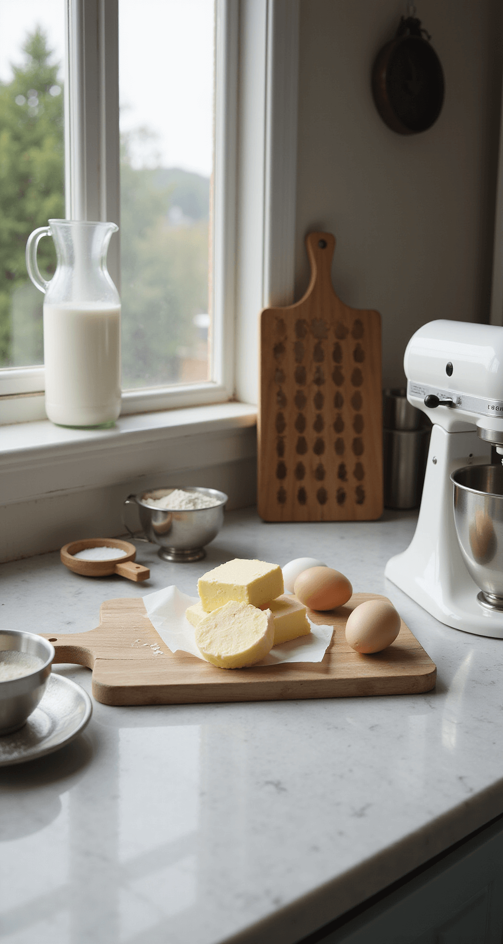 Close-up of a baking prep scene with softened butter and room-temperature eggs on a marble countertop, electric mixer beside measuring cups of sugar and flour, with a rustic wooden cooling rack and vintage cake pans in soft focus.