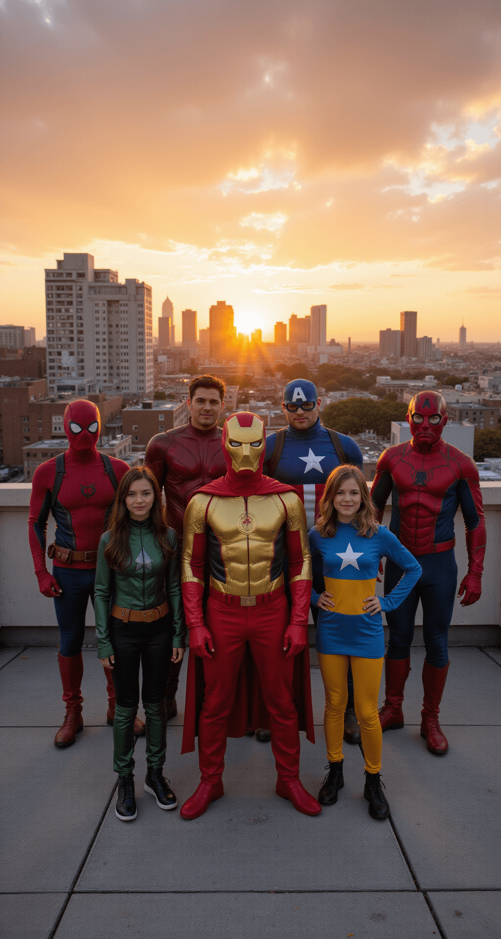 A diverse group of characters in various hero costumes showcasing different budget levels—from basic to premium—stands on a rooftop at magic hour, with a vibrant city skyline in the background. The warm sunset creates a natural rim lighting effect, and their dynamic, relaxed poses convey mobility while maintaining character accuracy.