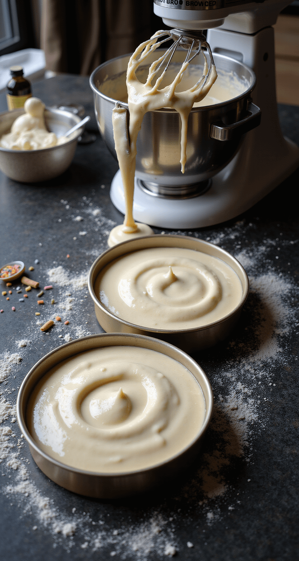 Cinematic overhead view of silky cake batter being poured into greased pans, with sprinkles and a vanilla extract bottle nearby, set against a floured dark granite countertop and a professional stand mixer in the background.