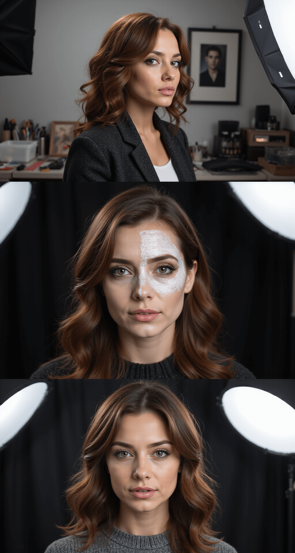 Close-up image of a makeup artist applying intricate hero costume makeup in a professional studio, showcasing a split-screen transformation from a bare face to a detailed, fully transformed character, with visible tools and reference photos in the background.