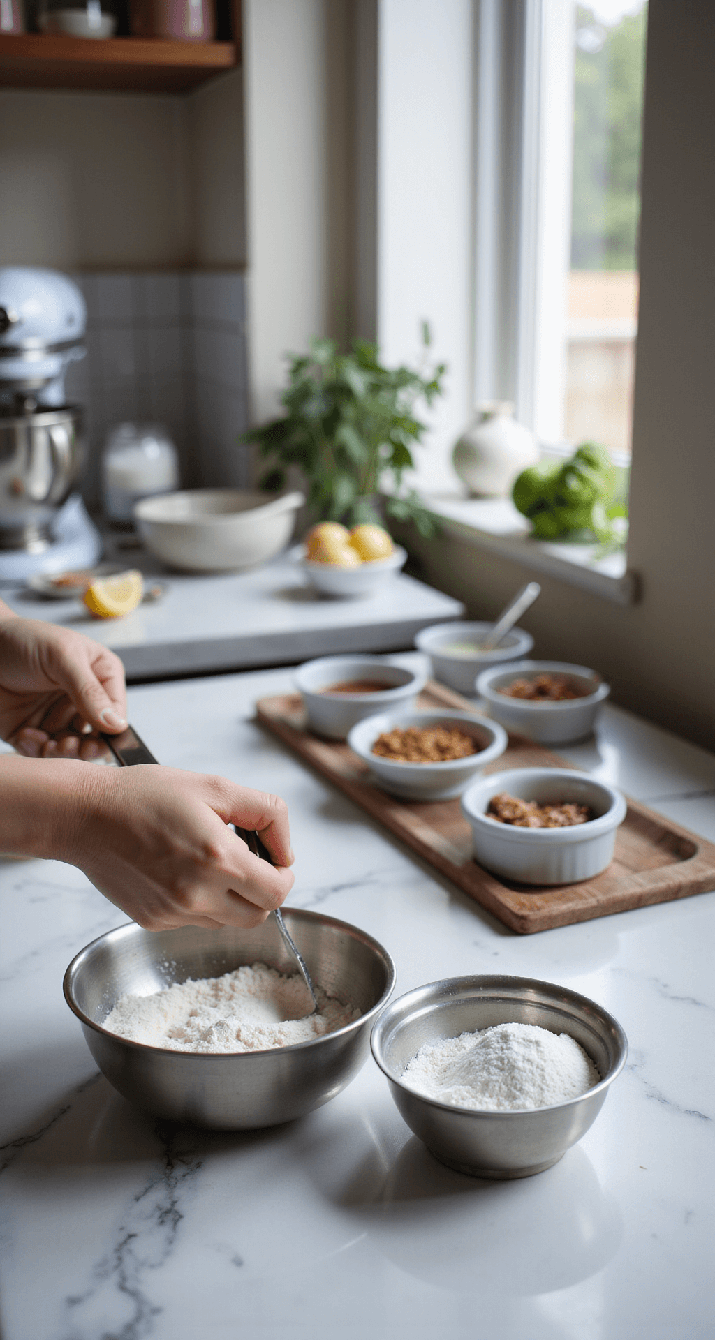 Close-up of hands measuring flour and sugar in stainless steel cups on a marble countertop, with a stand mixer and organized ingredients in a bright, professional kitchen.