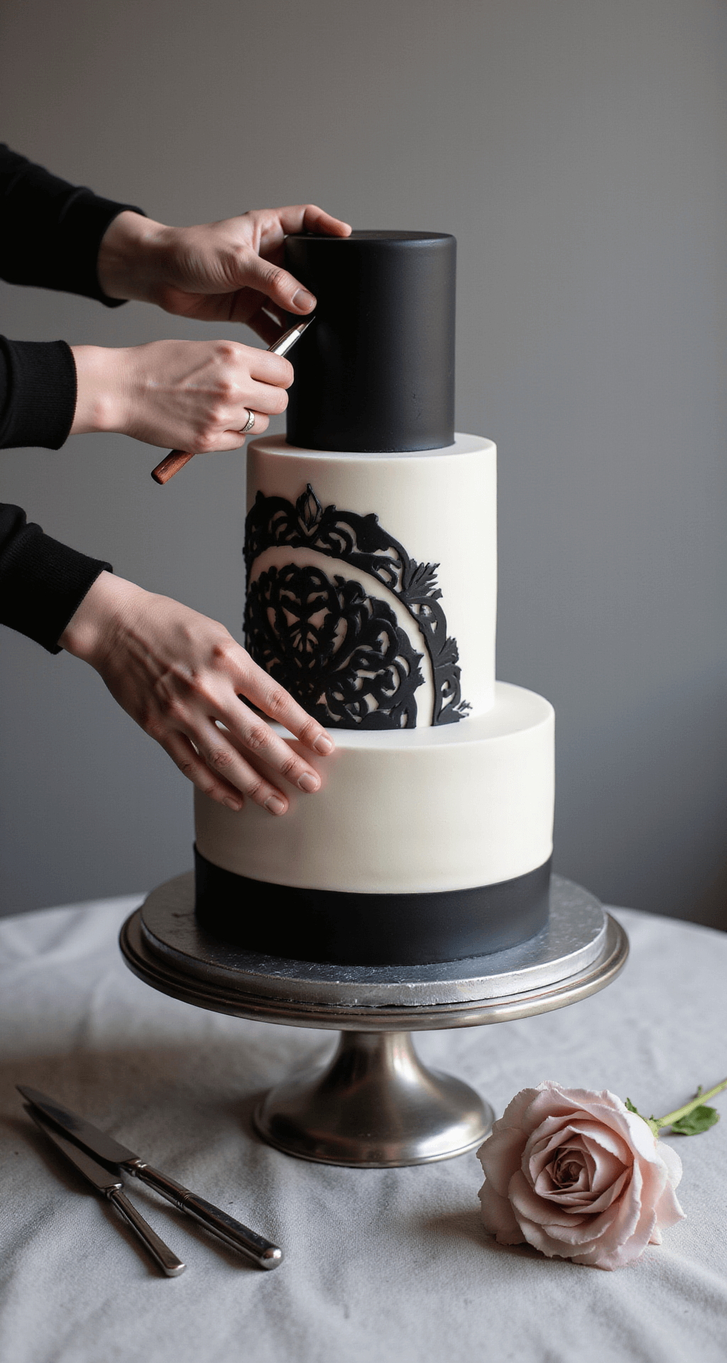 Overhead view of a three-tiered wedding cake with smooth black and white fondant layers being assembled on a silver stand, hands applying geometric patterns, with decorating tools and sugar flowers nearby.