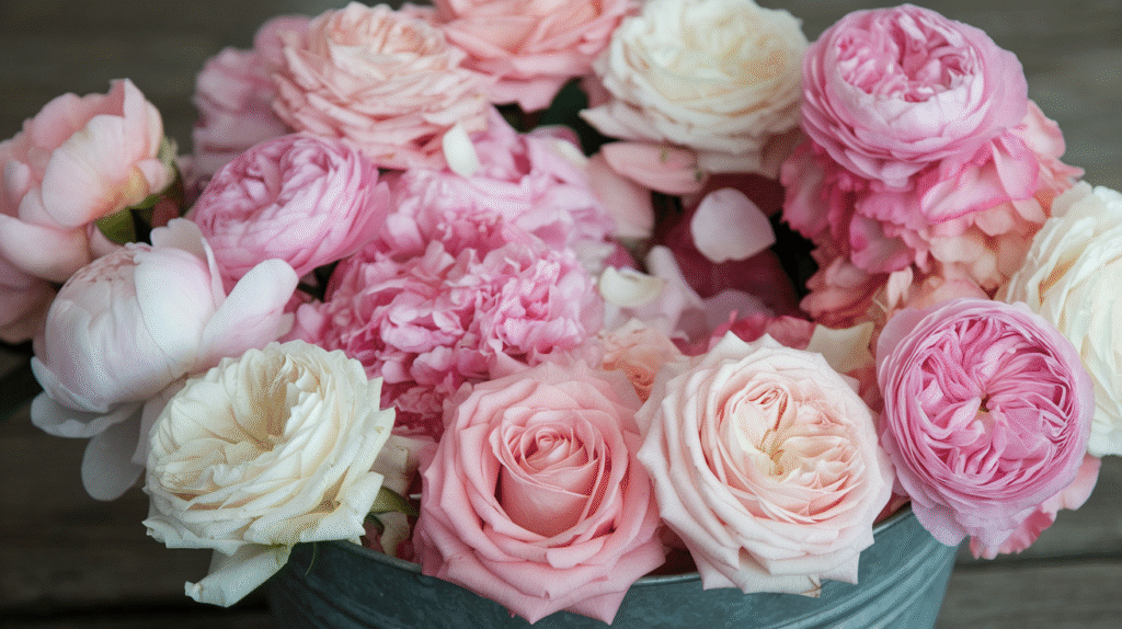 A bucket brimming with lush, fragrant roses and peonies