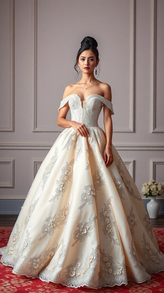 A woman wearing a stunning ball gown, showcasing a sophisticated off-shoulder design and intricate detailing.