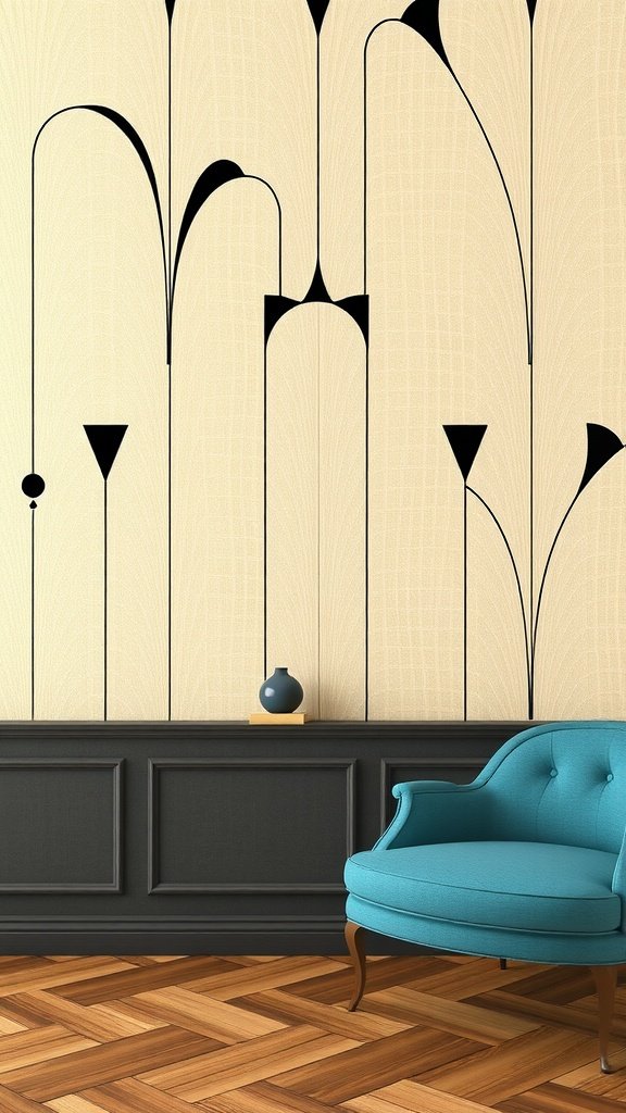 An elegant room featuring coquette wallpaper, showcasing bold black patterns on a beige background, with a turquoise chair and wooden flooring.