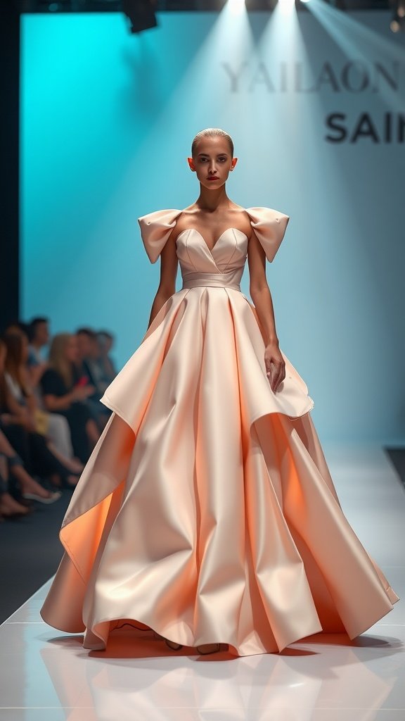 A model walking down the runway in a peach-colored ball gown with oversized sleeves.