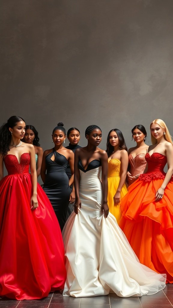 A group of women of diverse backgrounds wearing different styles of ball gowns in various colors.