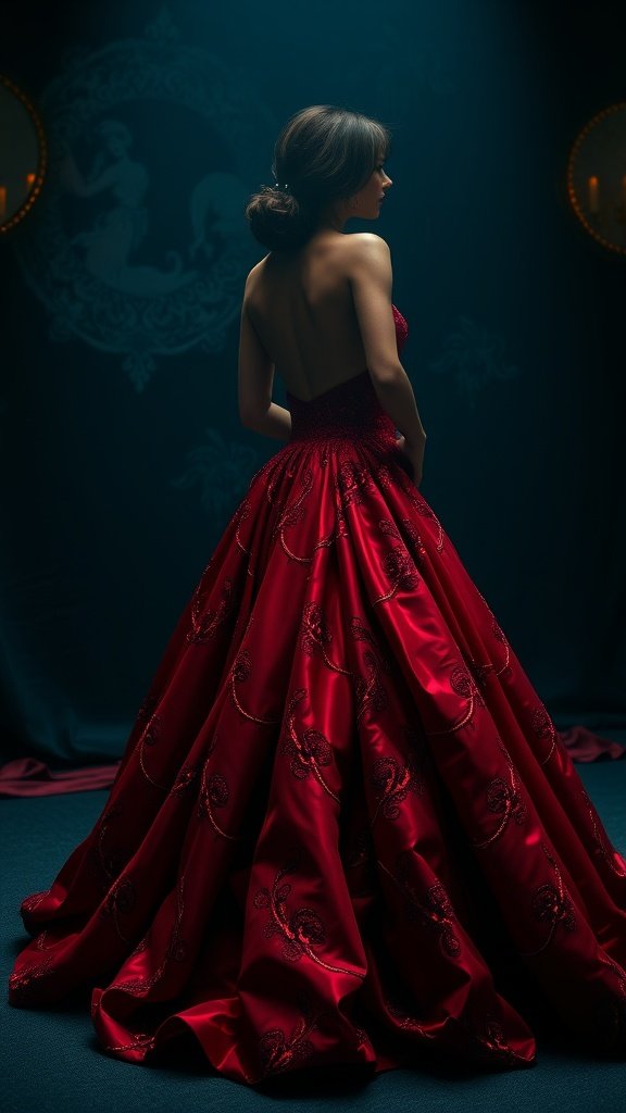 A woman in a stunning red ball gown with intricate details, showcasing elegance and bold color choices.