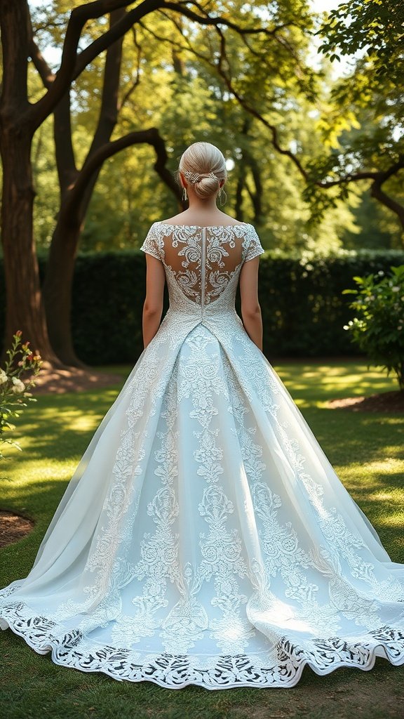 A bride wearing a beautiful light blue ball gown with intricate lace detailing in a garden setting