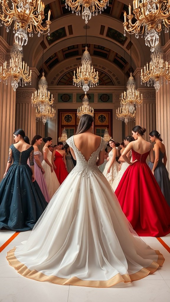 A group of women in elegant ball gowns under ornate chandeliers