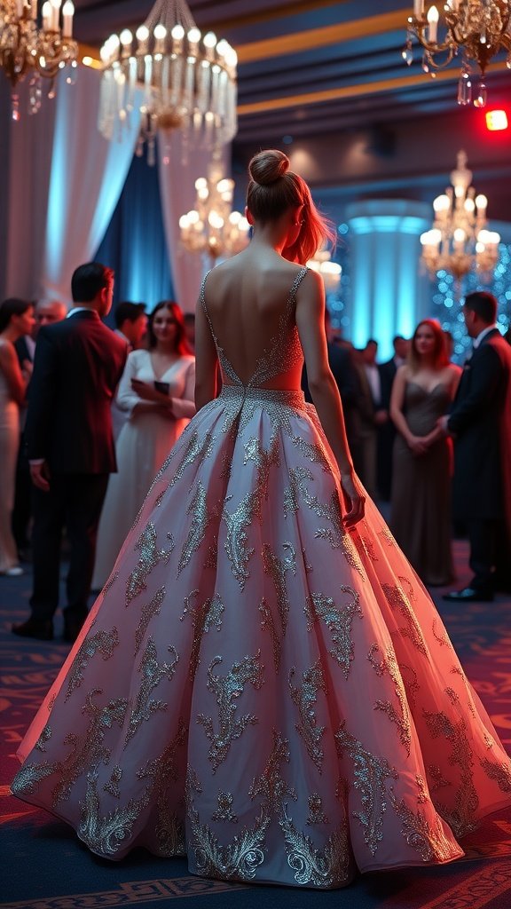 A woman in a gorgeous two-piece ball gown set, showcasing intricate embroidery and a flowing skirt, in a glamorous setting with chandeliers.