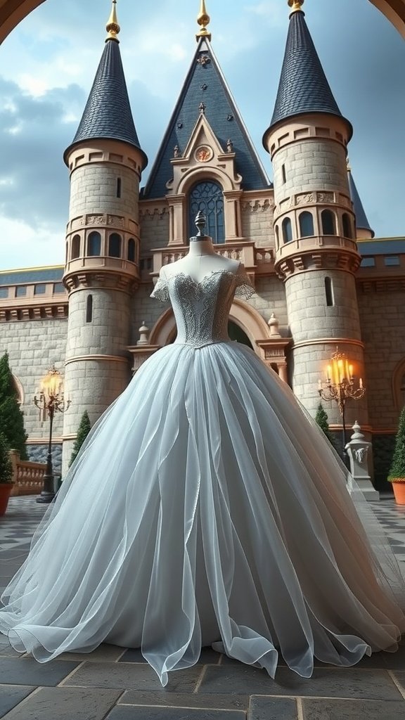 Cinderella-inspired ball gown displayed in front of a fairy tale castle.