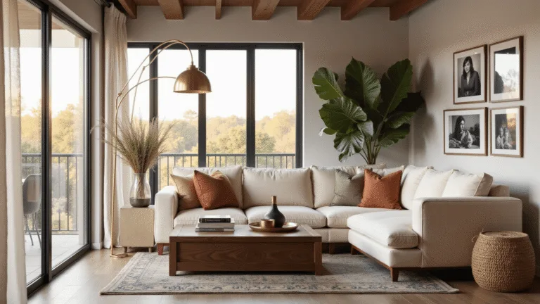A luxurious living room bathed in soft golden hour light, featuring a cream L-shaped sofa, vintage Persian rug, and a walnut coffee table with decorative items, complemented by a modern brass floor lamp and a fiddle leaf fig plant.
