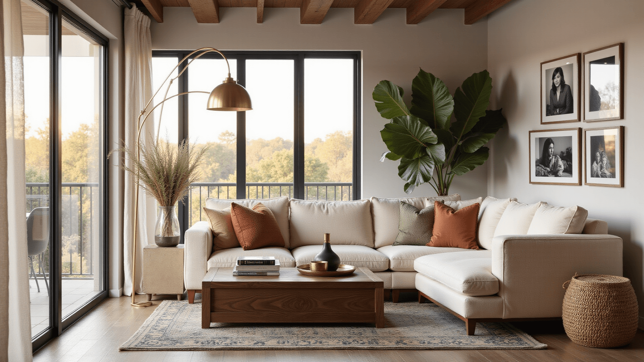 A luxurious living room bathed in soft golden hour light, featuring a cream L-shaped sofa, vintage Persian rug, and a walnut coffee table with decorative items, complemented by a modern brass floor lamp and a fiddle leaf fig plant.