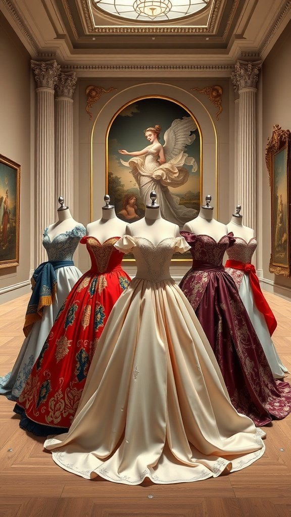 A display of elegant ball gowns in a gallery setting, showcasing diverse styles and colors.