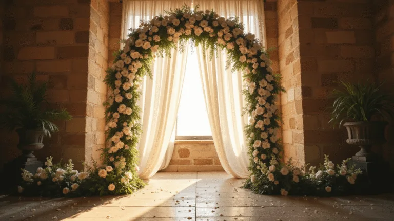 Photorealistic interior of a wedding chapel featuring a dramatic 15-foot floral arch with cascading white calla lilies and phalaenopsis orchids, illuminated by golden hour sunlight filtering through sheer drapery, with white rose petals on natural stone flooring and ethereal mist particles in the air.