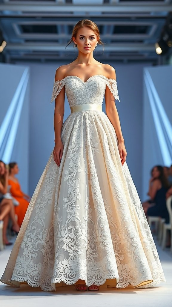 A model wearing a stunning off-shoulder ball gown with lace detailing, walking down a runway.
