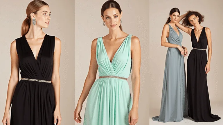 Elegant wedding guest fashion collection showcasing silk, velvet, and chiffon gowns adorned with exquisite jewelry in opulent venue settings.