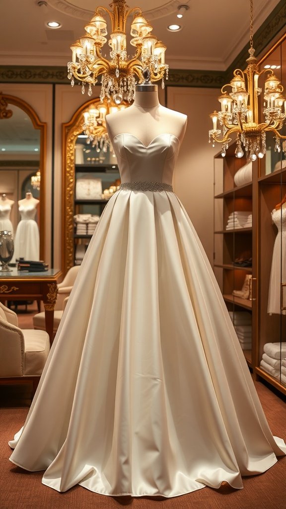 A beautiful A-line ball gown displayed in a boutique with chandeliers and soft lighting.