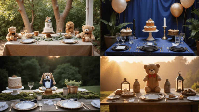 A high-resolution collage of four first birthday party themes: "Wild One Safari Adventure" with jungle elements, "Space Explorer" with deep blue and metallic accents, "Mr. Onederful" in black and white decor, and "Woodland Bear" with rustic touches, all shot in cinematic style.