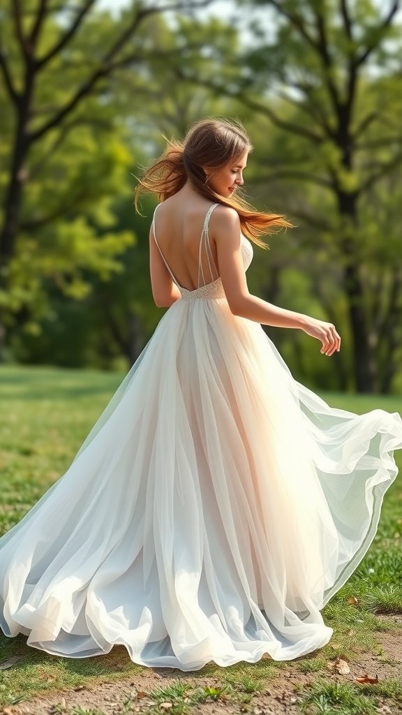 A woman in a flowing chiffon ball gown, showcasing layers in a natural outdoor setting.