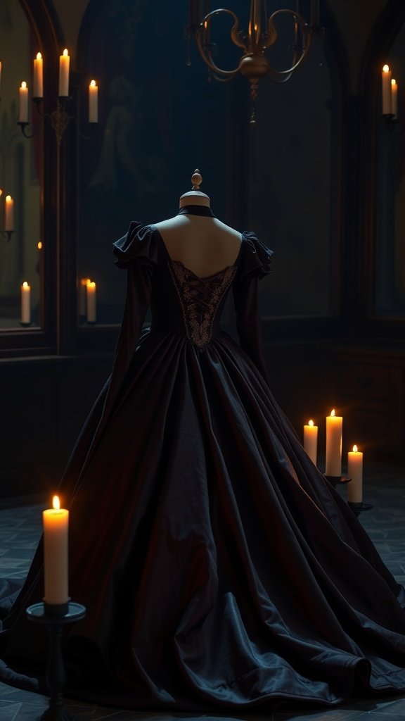 A black gothic ball gown displayed in a dimly lit room surrounded by candles.