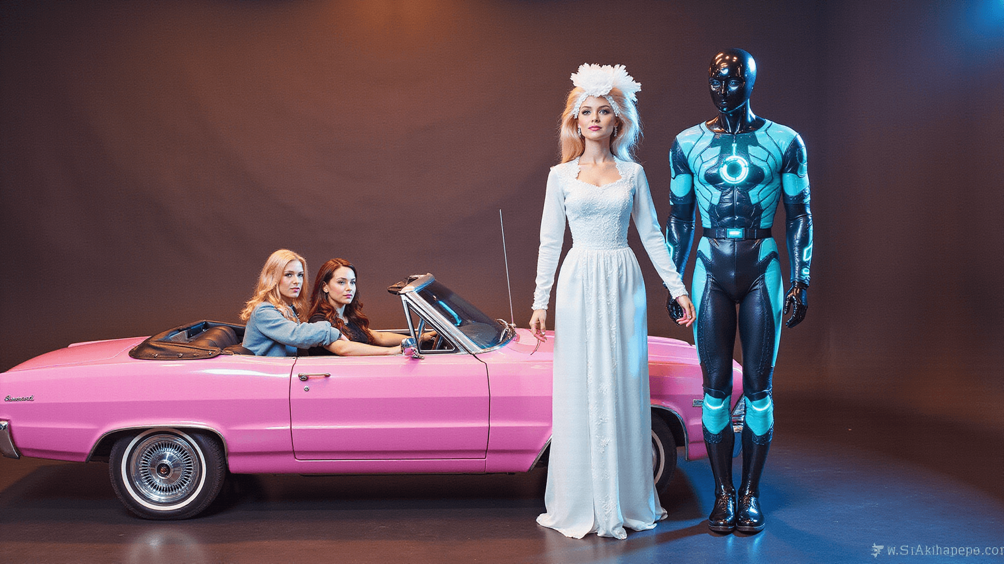 A vibrant collage of Halloween couples costumes, featuring Barbie and Ken in a pink convertible, a Victorian ghost couple in ethereal white, and a futuristic AI-human duo with neon accents, all captured in dramatic studio lighting with a warm vintage filter and modern technological elements.
