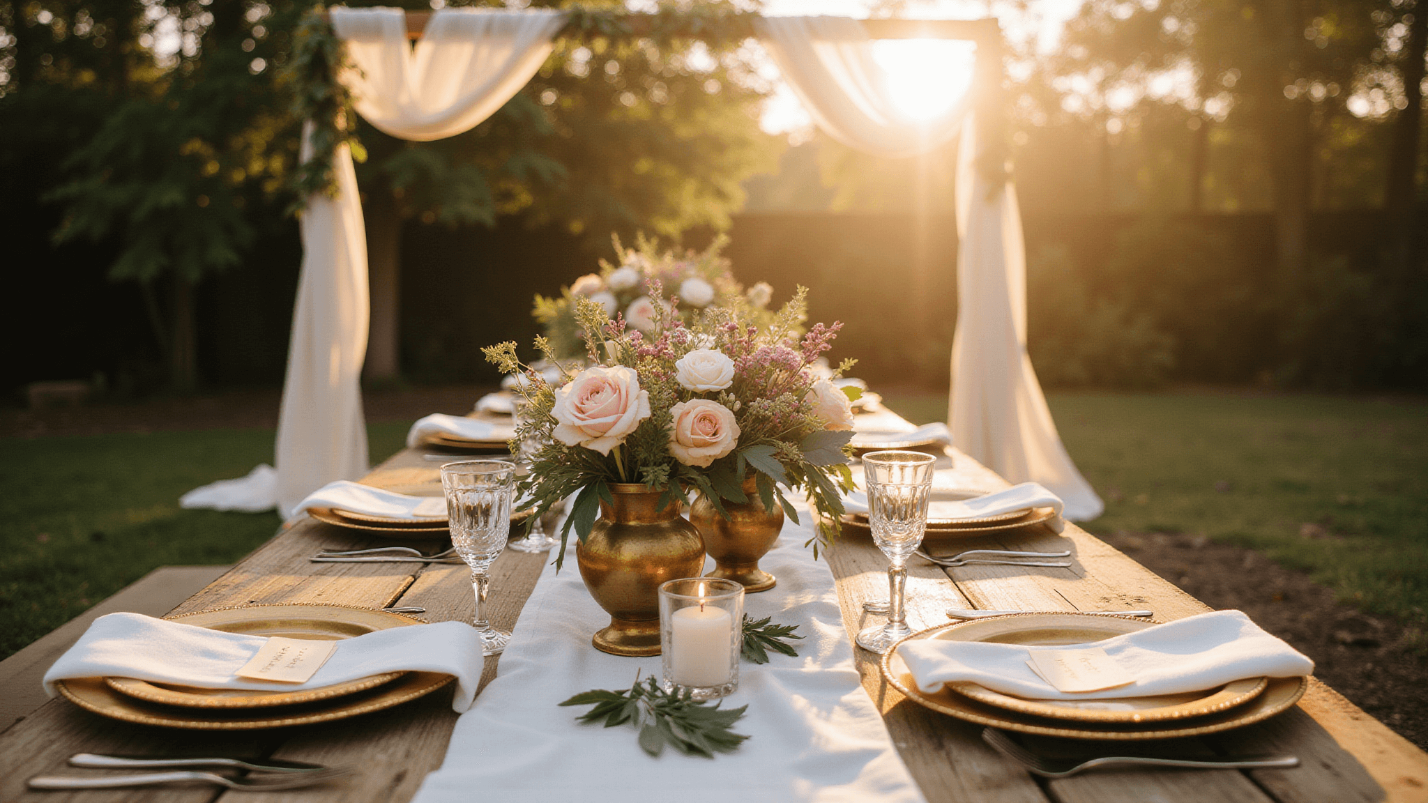 Cinematic 8K photograph of a dreamy backyard micro-wedding at golden hour, featuring a rustic wooden harvest table set for 20 guests under string lights and trees, adorned with flowers and candles, creating an intimate and romantic atmosphere.