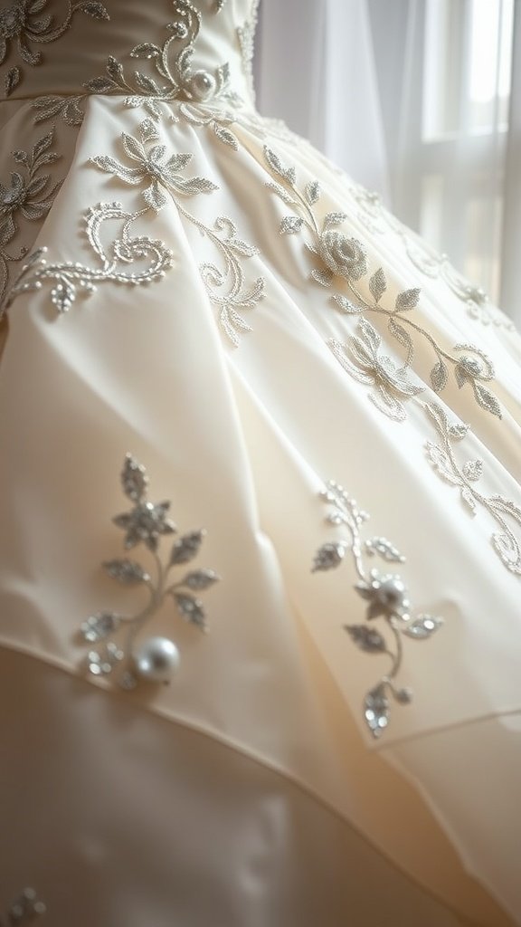 Close-up of a ball gown featuring intricate embroidery and beading.