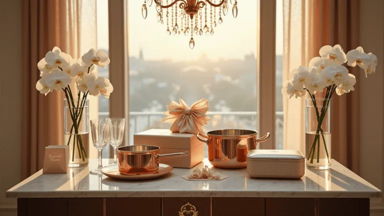 Elegant wedding gift display in a luxurious ballroom, featuring high-end gifts like a copper cookware set and monogrammed crystal glasses, surrounded by white orchids and gold accents, bathed in warm golden hour lighting with a dreamy bokeh background.