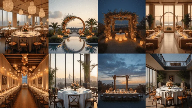 A breathtaking series of seven luxurious wedding event spaces, featuring a grand ballroom with golden hour light, a romantic garden ceremony with an ethereal floral arch, a modern rooftop lounge with city views, a rustic barn interior adorned with fairy lights, a whimsical loft celebration, a moody modern dining setup, and a beachfront sunset gathering, all showcasing rich textures and a cohesive color palette.