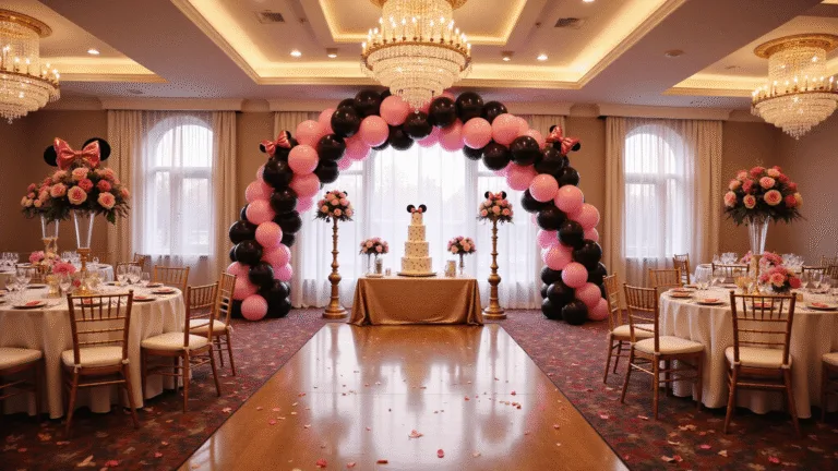A grand ballroom set for a luxurious Minnie Mouse birthday party, featuring a pink and black balloon arch, round tables with polka dot linens, towering centerpieces of pink roses and golden Minnie silhouettes, and a dessert table with a decorative 3-tier cake, all under dramatic crystal chandeliers and a magical atmosphere enhanced by rose petals and metallic confetti.