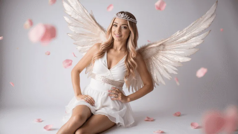 Ethereal fashion portrait of a modern Cupid in a white mini dress with rose gold accents and large feathered wings, featuring a crystal crown, set against a minimalist background with floating rose petals and dreamy bokeh lighting.