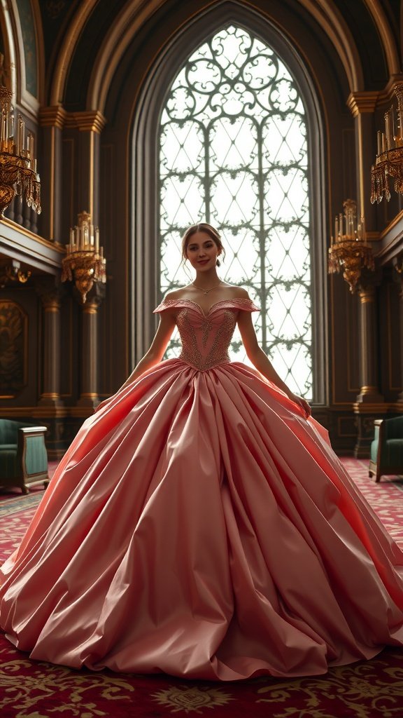 A model wearing a pink princess ball gown with a full skirt in a grand hall.