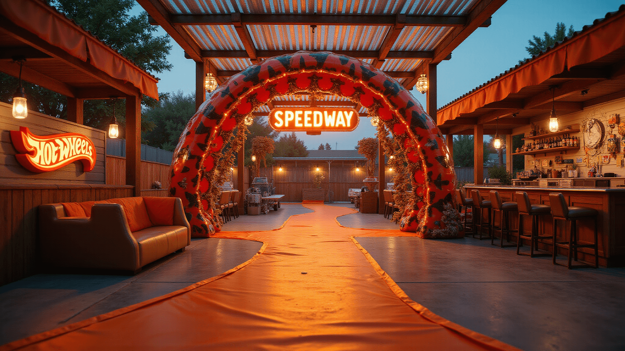 Photorealistic wide-angle view of a backyard racing paradise at golden hour, featuring orange and black race tape pathways, a metallic balloon arch, LED tunnel tracks, checkered flag bunting, display platforms with Hot Wheels cars, a neon 'SPEEDWAY' sign, retro diner section, and warm ambient lighting, all captured in ultra-detailed 8K.