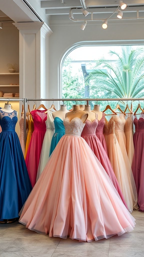 A row of colorful ball gowns displayed in a boutique, showcasing a variety of seasonal colors