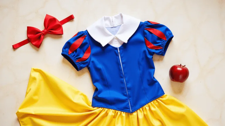 Flat-lay of Snow White costume featuring a blue bodice, yellow skirt, red bow headband, white collar, and a shiny red apple on a cream marble surface, enhanced by soft diffused lighting.