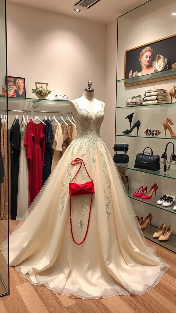 A beautiful cream ball gown displayed with a red handbag in a boutique.