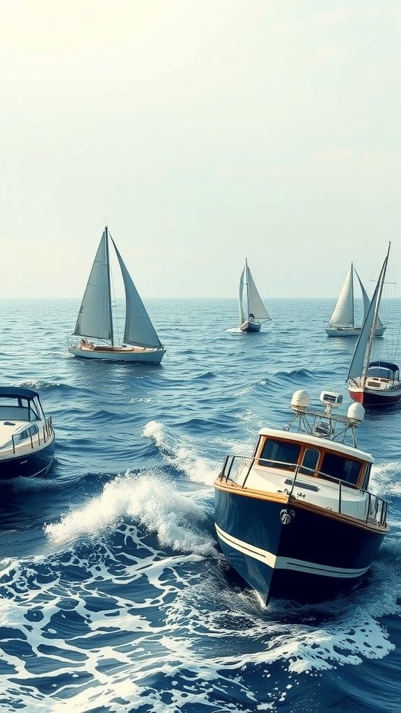 Several sailboats sailing on a calm sea under a soft sky.