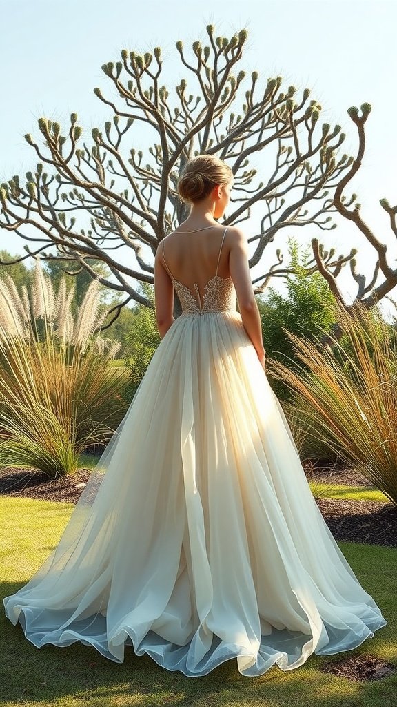 A model wearing a sustainable ball gown stands in a garden, showcasing a flowing dress with a delicate bodice and natural surroundings.