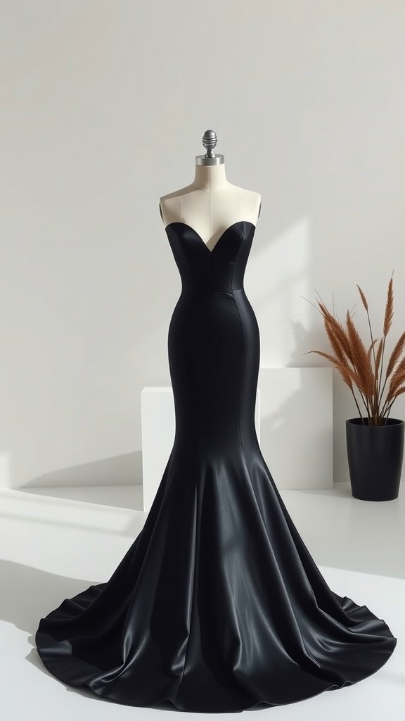 A stylish black ball gown with a sweetheart neckline, showcasing a sleek silhouette.