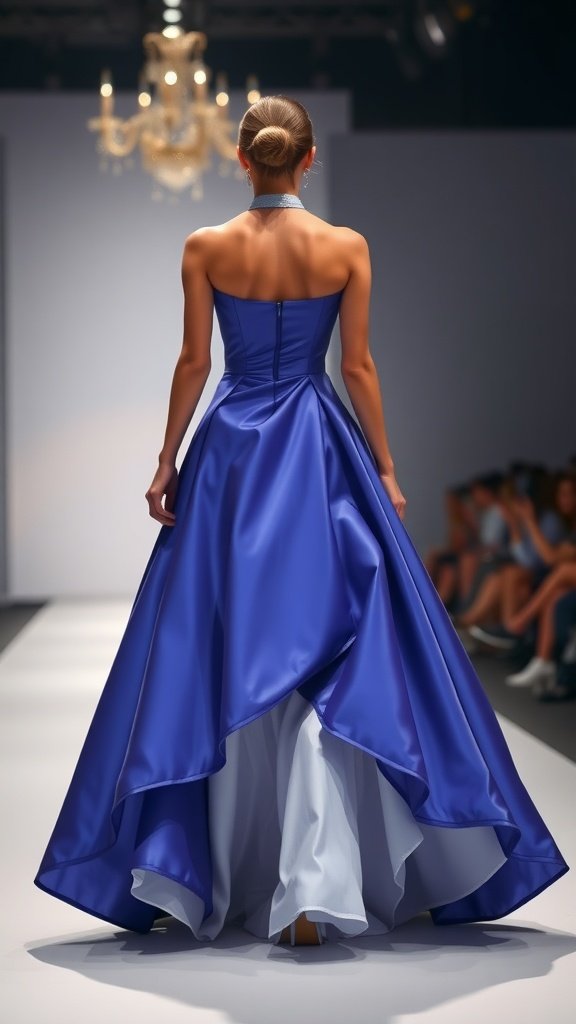 Model showcasing a blue ball gown with a high-low hemline on a runway.