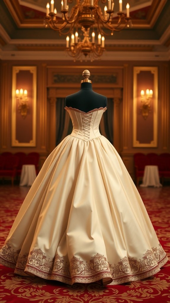 A vintage-inspired ball gown in cream color with intricate embroidery, displayed elegantly in a grand room.