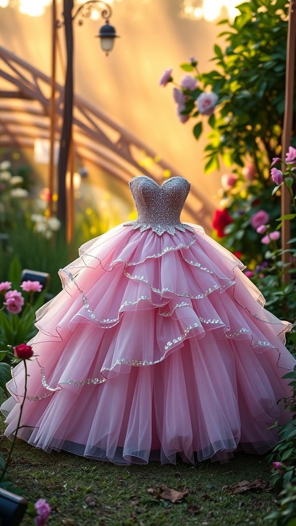 A pink ball gown with a sparkly bodice and ruffled layers displayed in a beautiful garden setting.