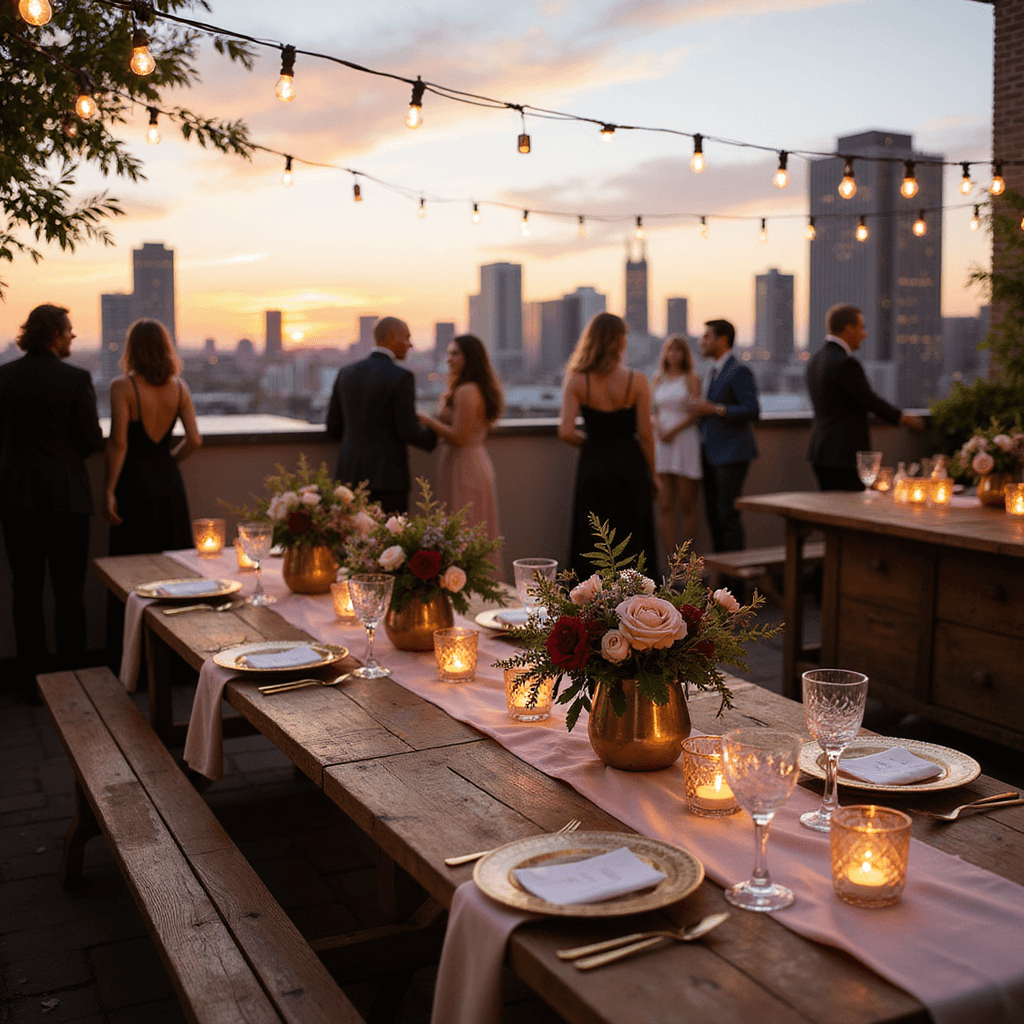 A candlelit rooftop terrace at golden hour, featuring long wooden tables with blush pink silk runners, lush floral centerpieces in antique brass vases, twinkling fairy lights overhead, vintage crystal glassware, gold-rimmed plates, and a rustic bar cart with handcrafted cocktails, against a soft-focus city skyline backdrop.