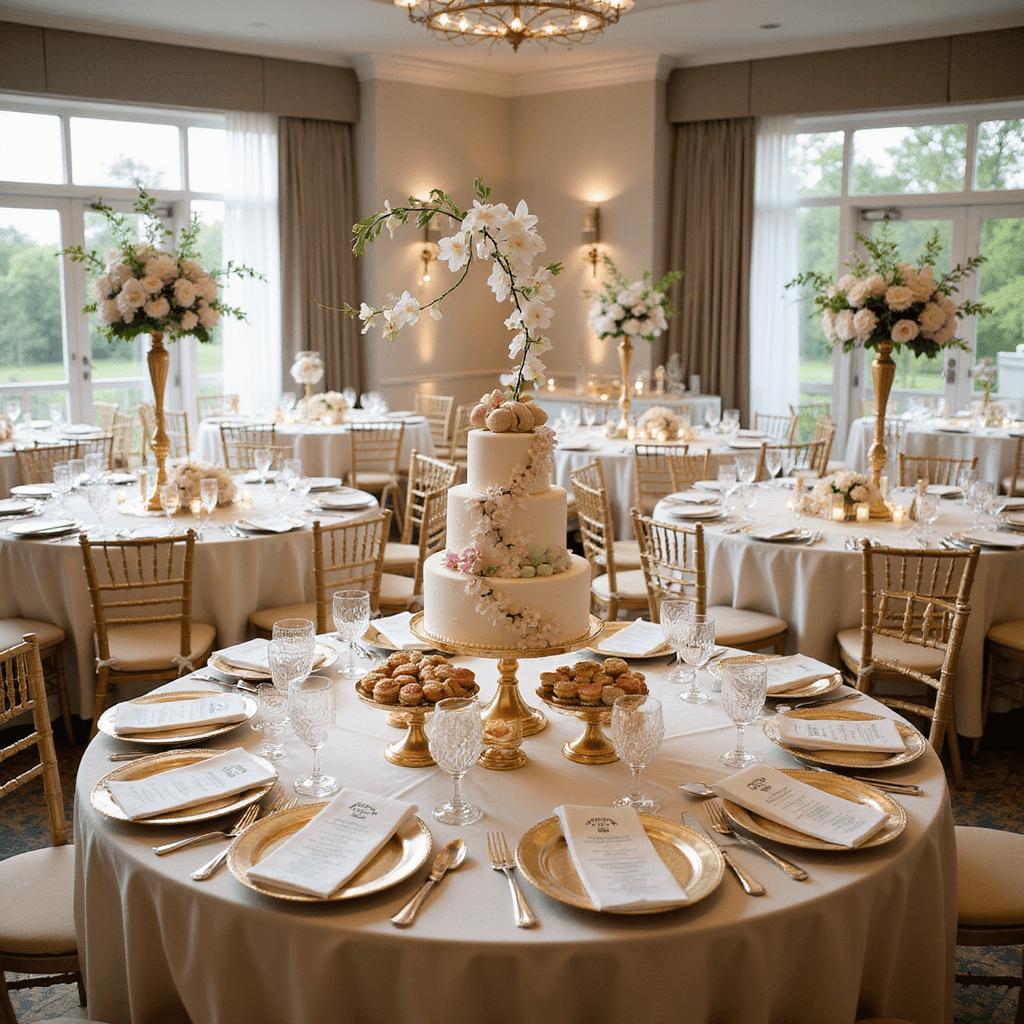 An elegant ballroom with soft morning light, featuring round tables with ivory linens and towering orchid centerpieces, gold charger plates, personalized menus, and pastel macarons. A grand dessert table showcases a multi-tiered white and gold cake and various petit fours, captured from a low angle to highlight the space's grandeur.